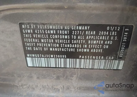 2012 Volkswagen Gti 4-Door z USA, uszkodzony, nr VIN WVWGD7AJ3CW236095